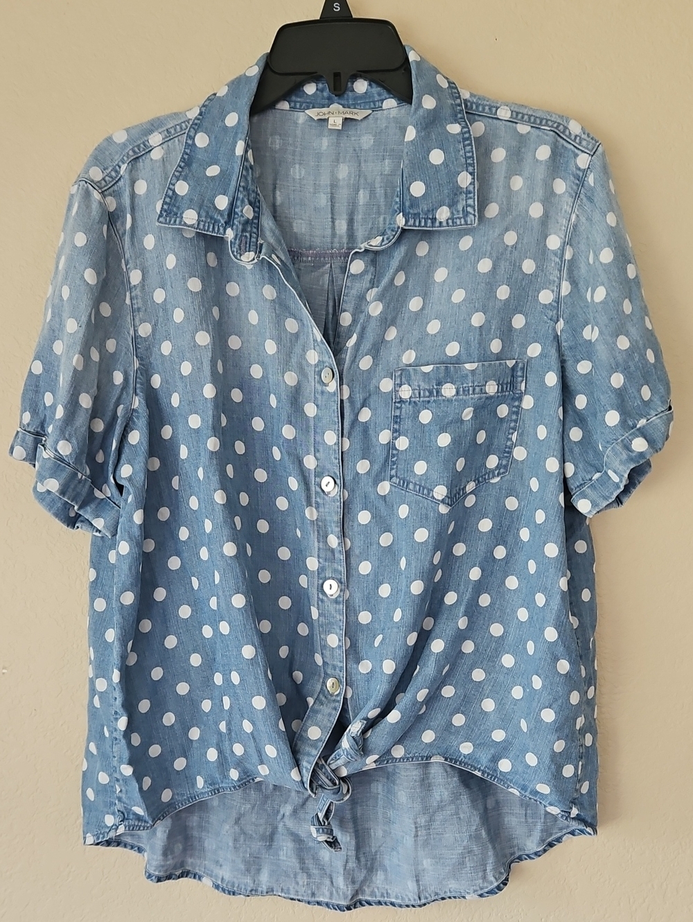 John Mark Blue Polka Dot Tie-Front Button Shirt Large